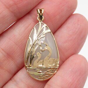14K Yellow Gold Two Swans Filigree Jade Pendant